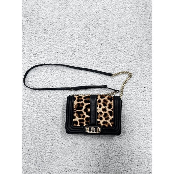 REBECCA MINKOFF Love Black & Leopard Small Crossbody Gold Chain - Picture 6 of 12